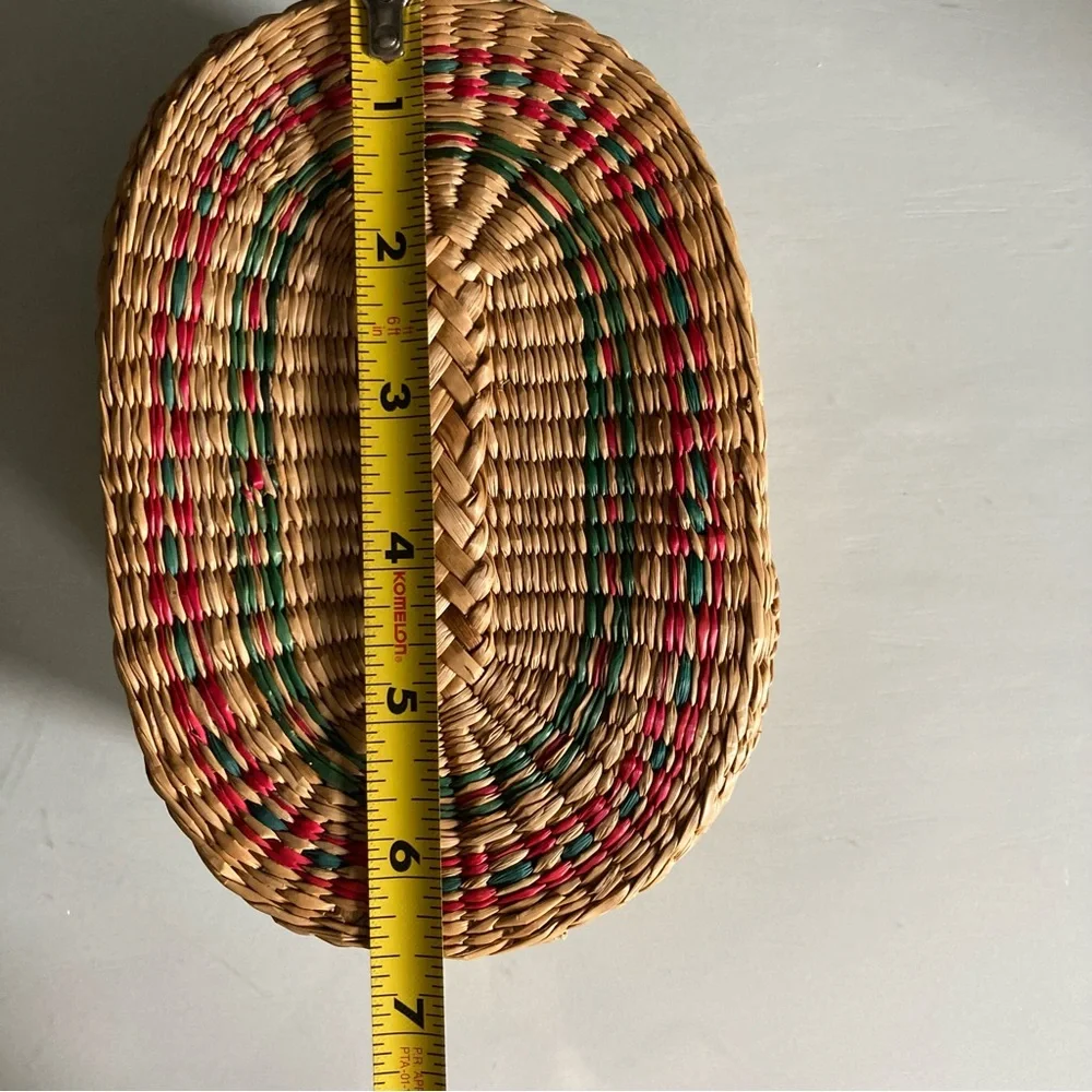Vintage Seagrass Oval Lidded Basket With Red & Green Accents